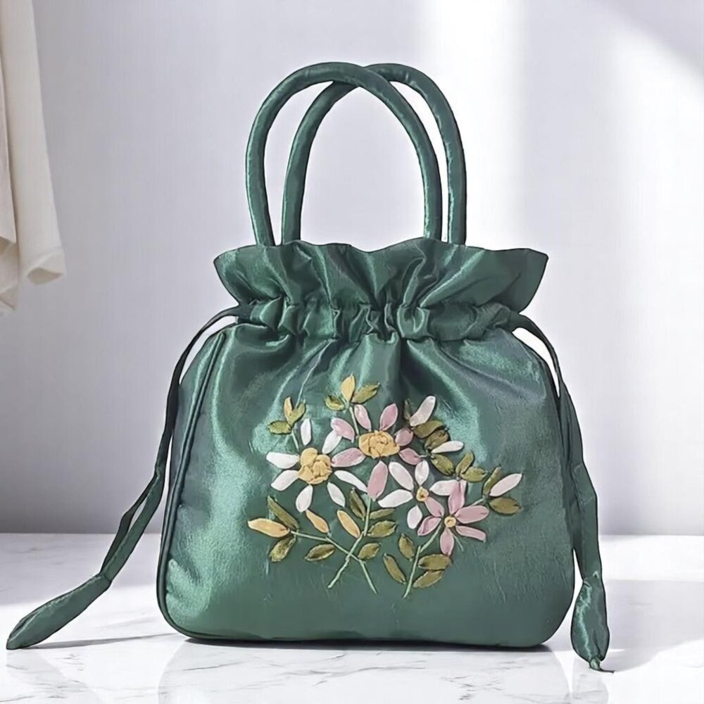 Green Floral Embroidered Nylon Drawstring Handbag Elegant Occasion Bag New